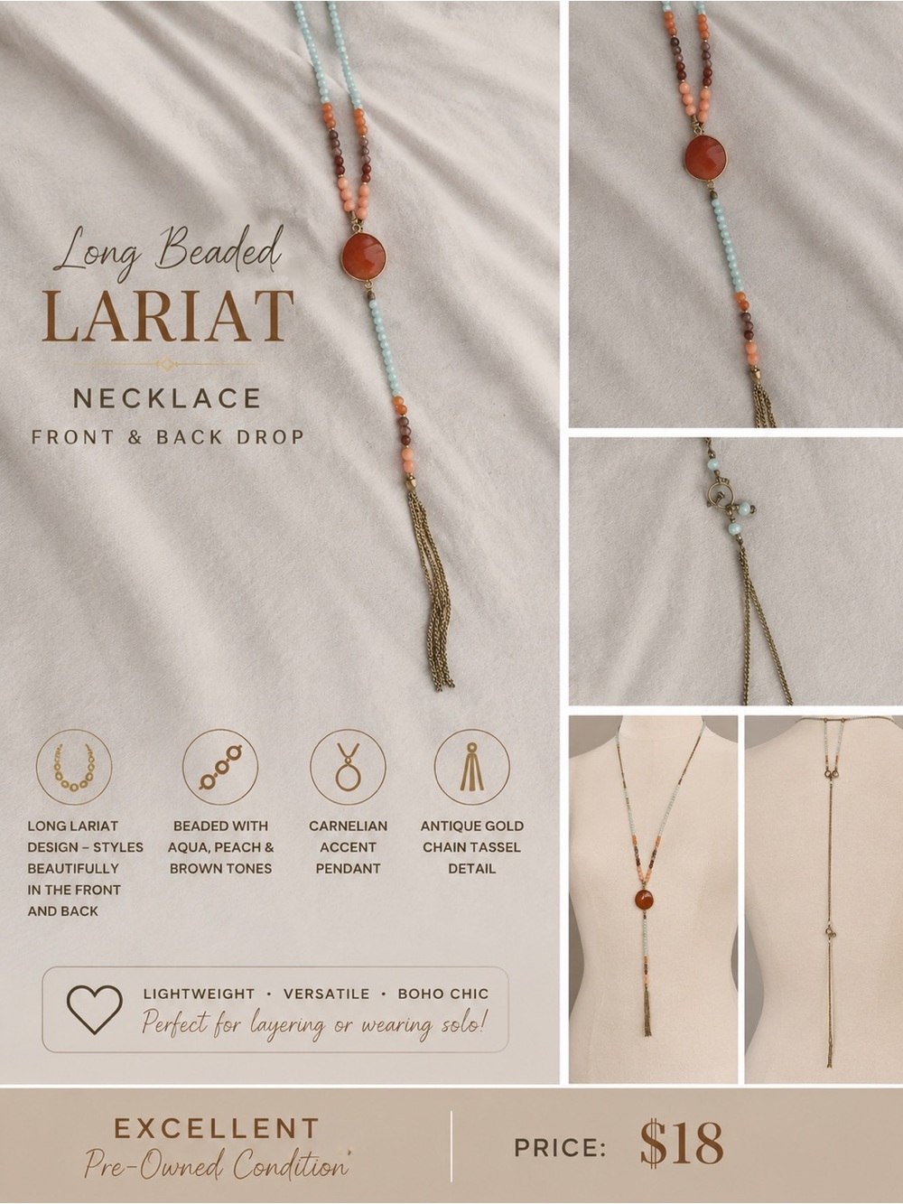 Boho Long Lariat Beaded Necklace with Carnelian Pendant & Tassel